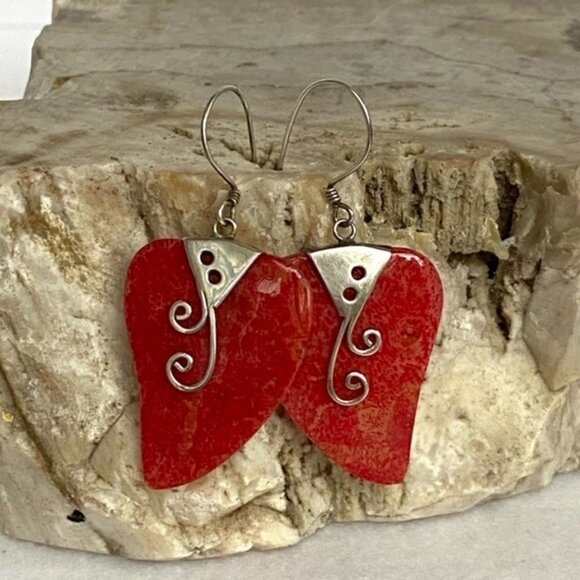 Sterling Silver 925 1.83" Red Sponge Coral Scrollwork Dangle Earrings 4.6g - Picture 16 of 16